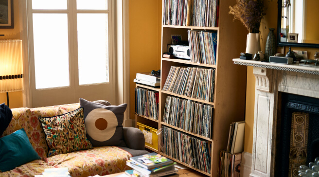 Cozy living room with a bookshelf filled with vinyl records next to a couch.